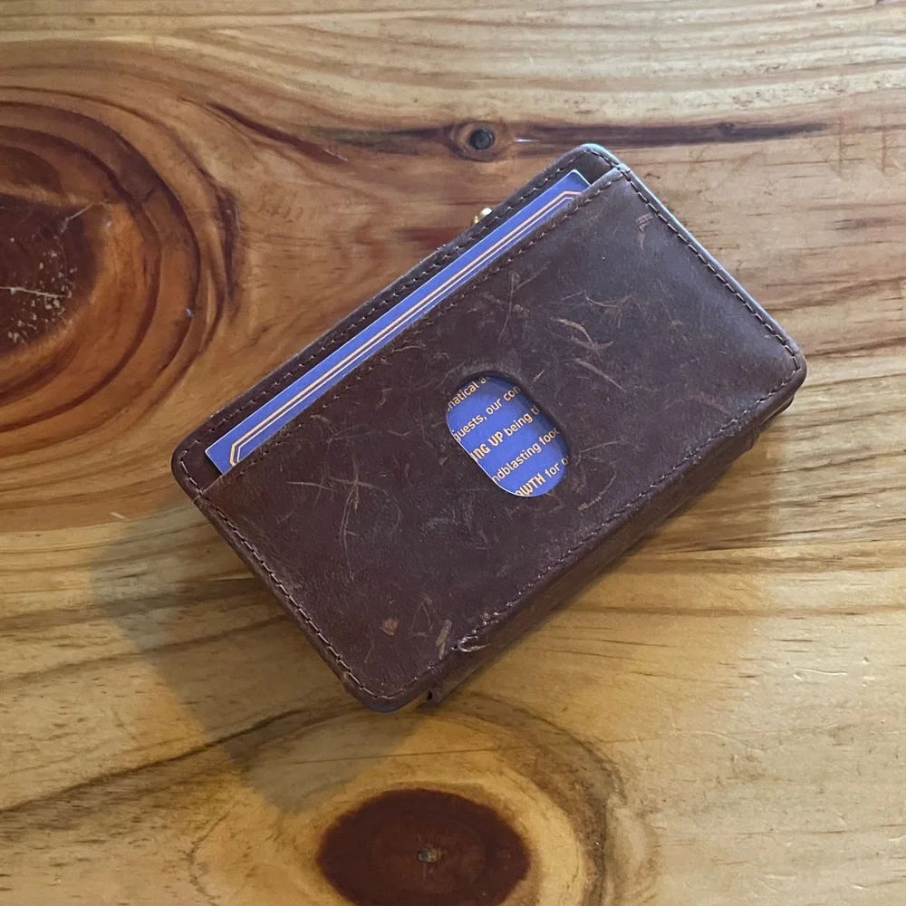 Spring Loaded Leather Money Clip Card Wallet in Brown and Gold